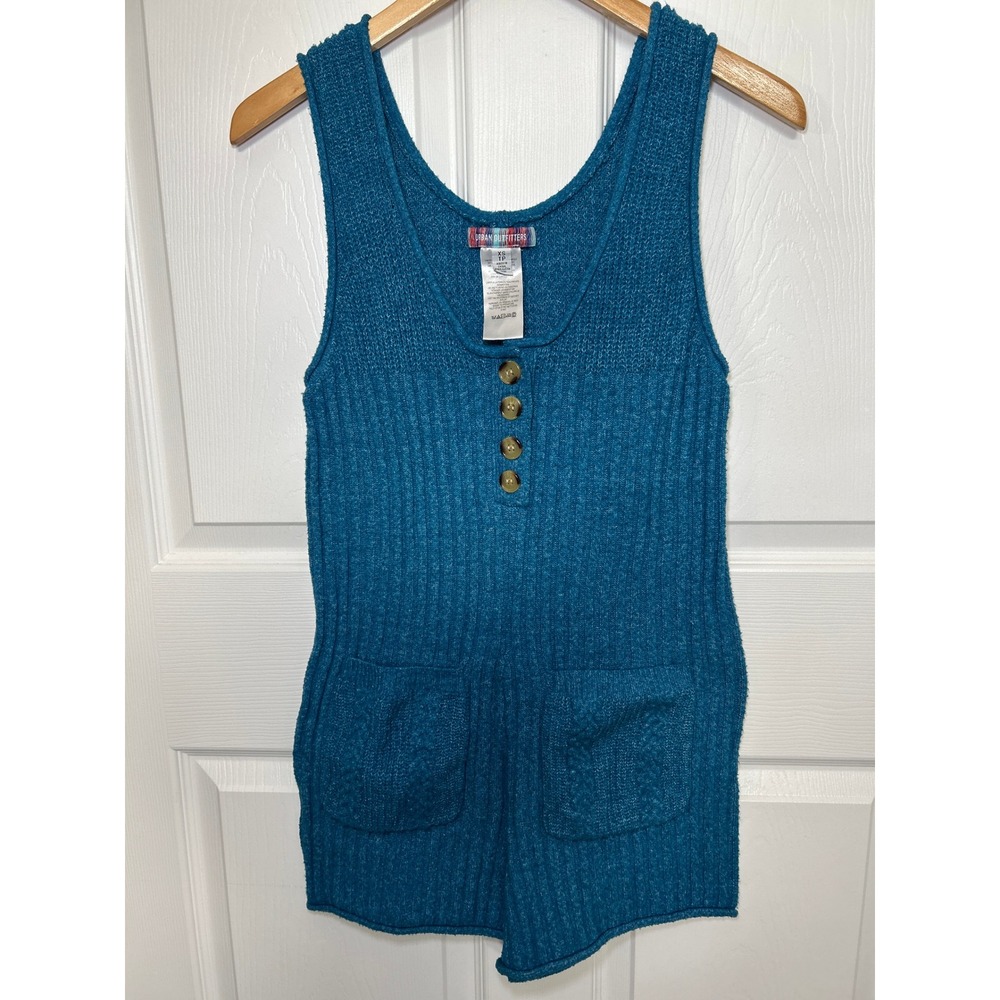 Urban Outfitters‎ Teal Blue Knit Romper XS Sleeveless Button Pockets Casual